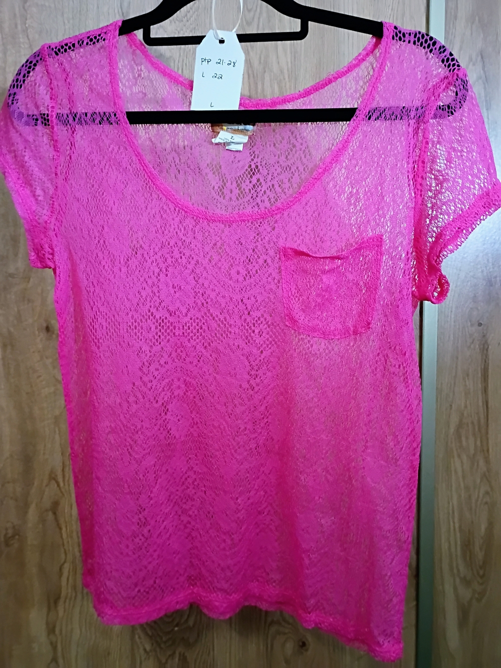 Mudd Hot Pink Sheer Lace Short Sleeve Pocket Tee